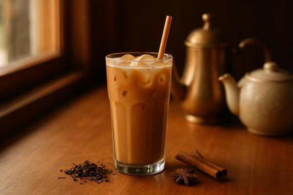 Iced Chai in a glass on an oak café counter