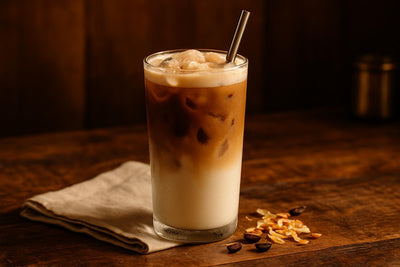 Iced Coconut Latte in a glass on an oak table