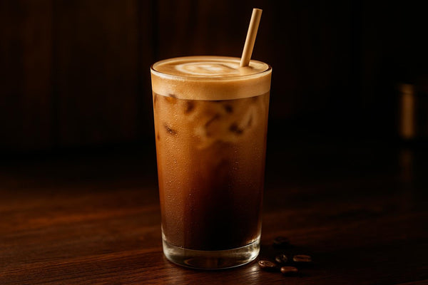 Iced Flat White in a glass on an oak bar