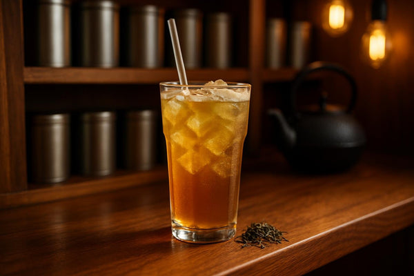 Iced Green Tea in a glass on an oak bar