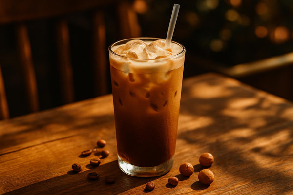 Iced Hazelnut Latte in a glass on an oak patio table