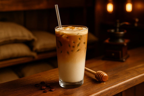 Iced Honey Latte in a glass on an oak bar