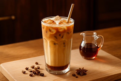 Iced Maple Latte in a glass on an oak kitchen island