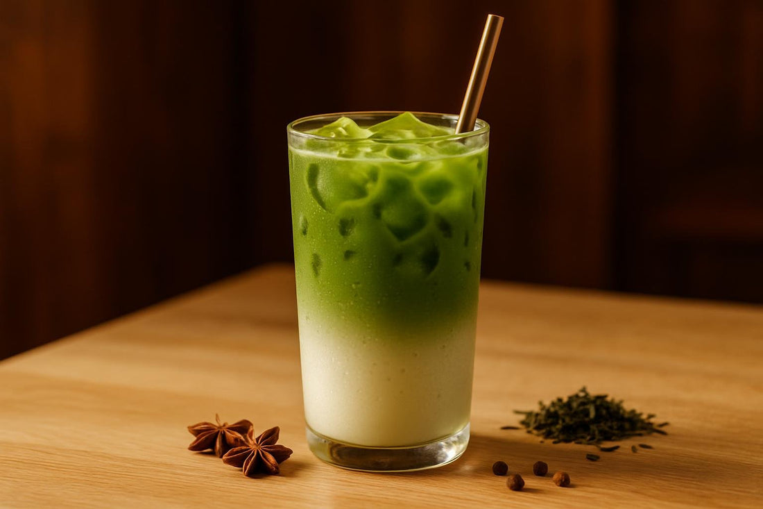 Iced Matcha in a glass on an oak kitchen island