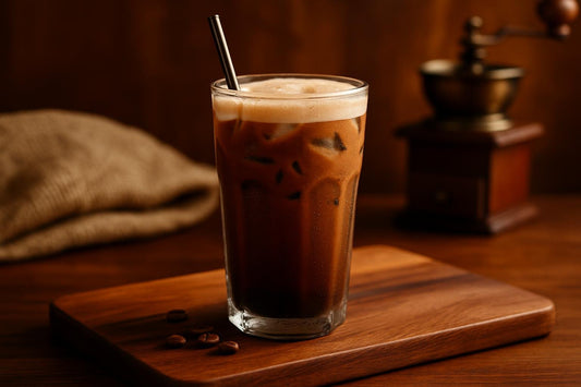 Iced Mocha in a glass on an oak serving board
