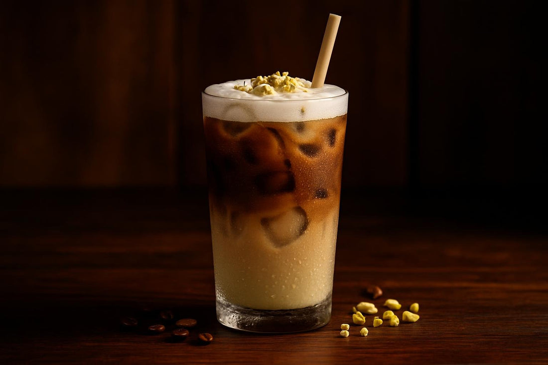 Iced Pistachio Latte in a glass on an oak bar
