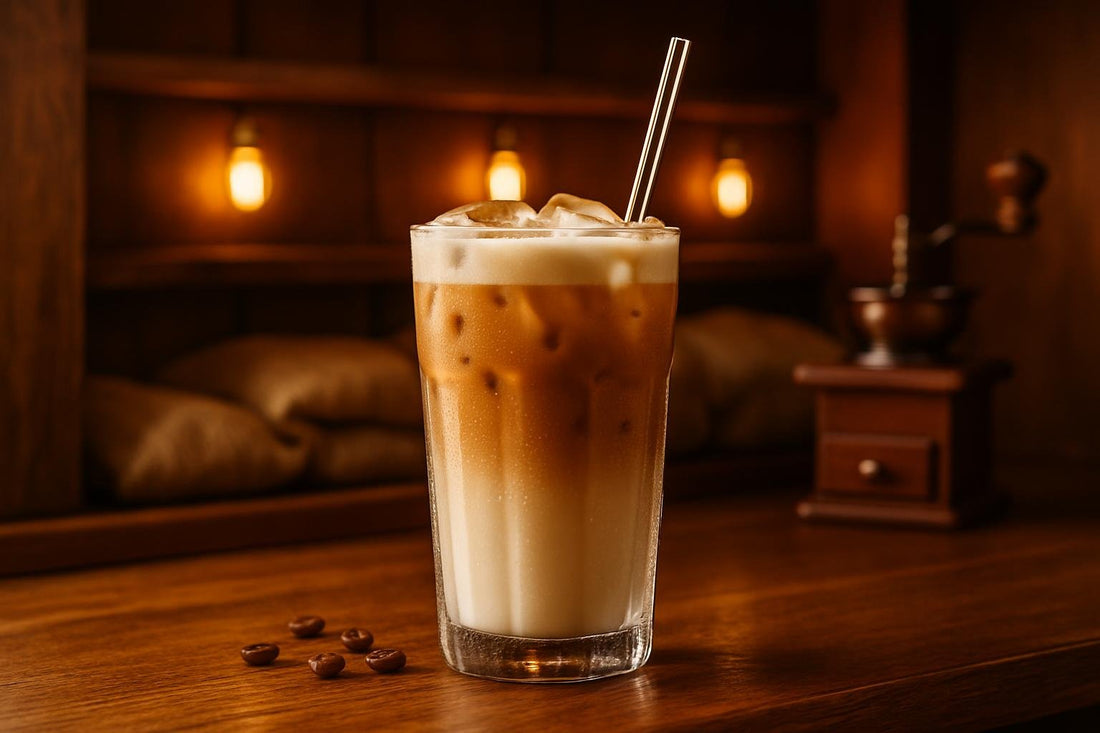 Iced Vanilla Latte in a glass on an oak bar