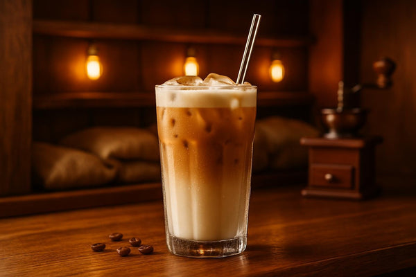 Iced Vanilla Latte in a glass on an oak bar