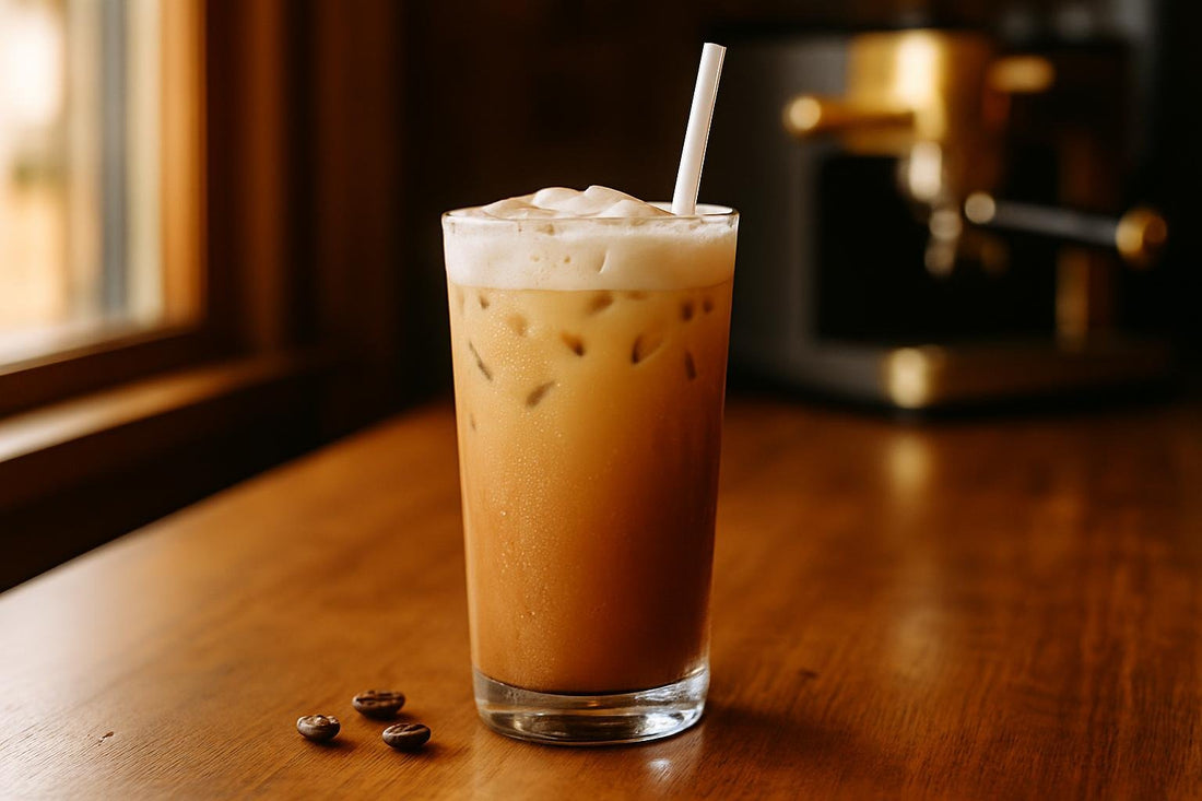 Iced White Mocha in a glass on an oak café counter