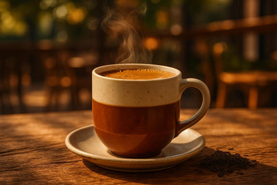 Irish Breakfast Tea in a ceramic mug on an oak patio table