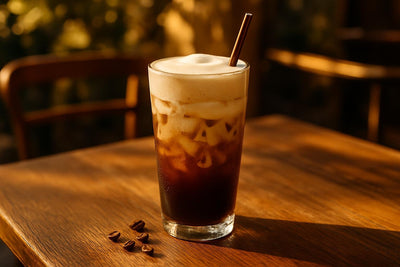 Irish Cream Cold Brew in a glass on an oak patio table