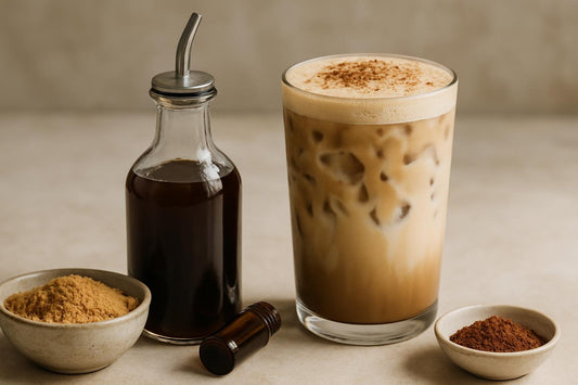 A small glass bottle of irish cream syrup with a pour spout, beside an iced latte sweetened with it