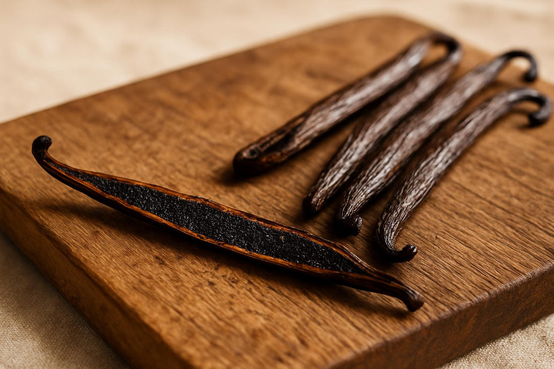 Split Madagascar vanilla bean on rustic wooden cutting board with visible caviar specks, whole plump Grade A beans beside it