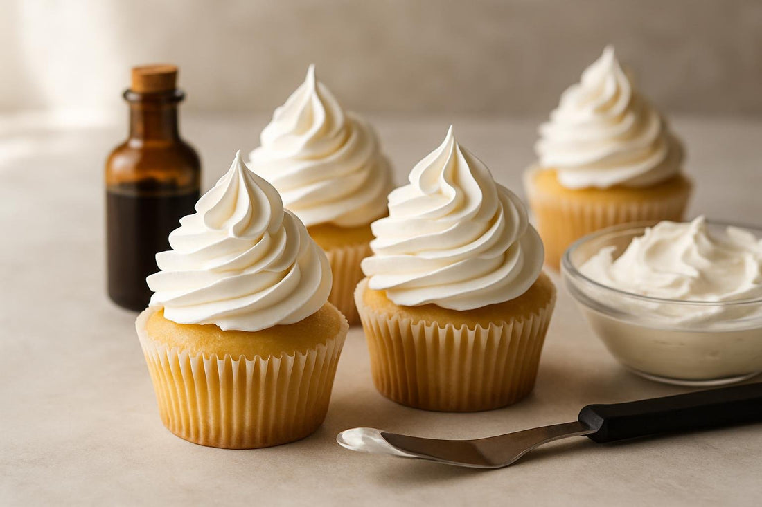 Cupcakes piped with Italian meringue buttercream frosting