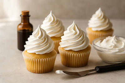 Cupcakes piped with Italian meringue buttercream frosting