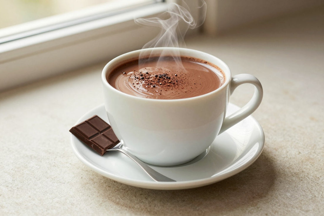 A steaming mug of italian thick hot chocolate on a saucer, rich and glossy, with its toppings