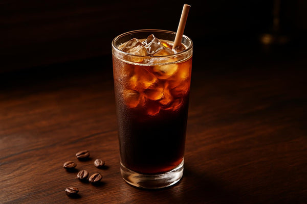 Japanese Iced Coffee in a glass on an oak bar