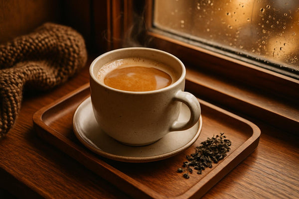 Jasmine Green Tea in a ceramic mug on an oak tray by a window
