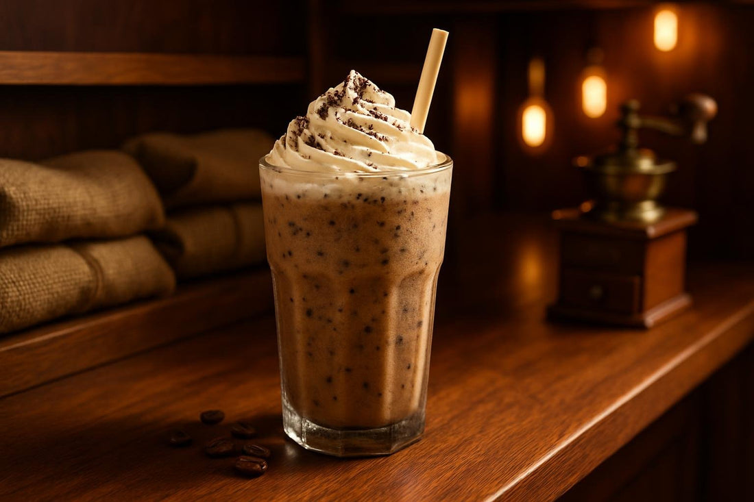 Java Chip Frappé in a glass on an oak bar