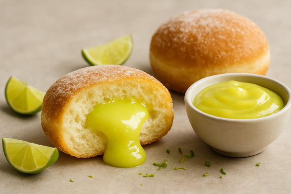 Filled doughnut cut open to show Key lime curd