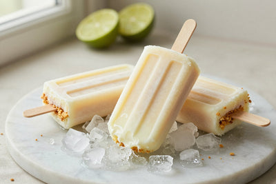 Three key lime pie popsicles on a bed of crushed ice on a light marble surface, one with a bite taken out