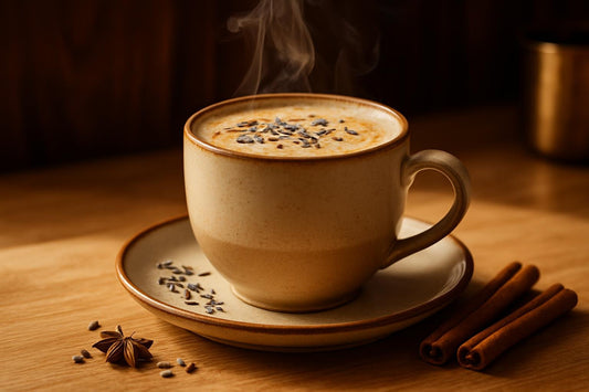 Lavender Chai in a ceramic mug on an oak kitchen island