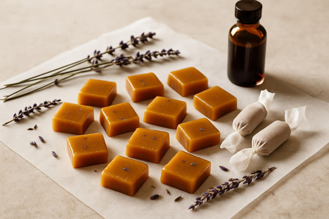 Lavender Honey Caramels cut and wrapped in wax paper