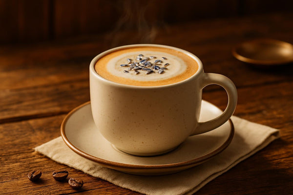 Lavender Latte in a ceramic mug on an oak table