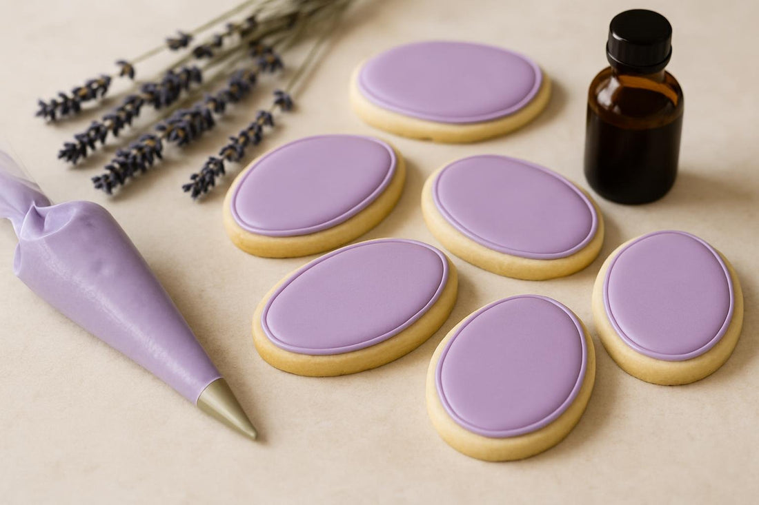 Sugar cookies decorated with lavender royal icing