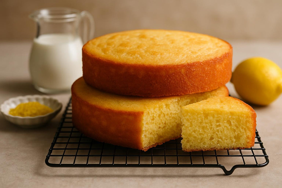 Two bare, level rounds of lemon cake layers stacked on a cooling rack with one slice cut to show the crumb