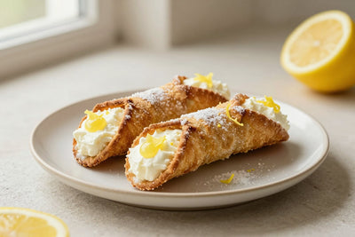 Lemon cannoli on a plate, crisp shells with the creamy filling piped out of both ends