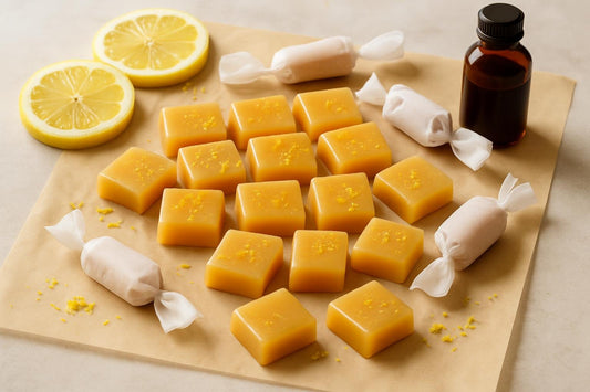 Lemon Caramels cut and wrapped in wax paper