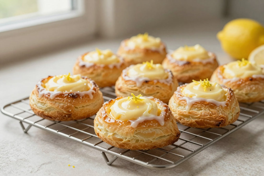Lemon cheese danish on a wire rack, the glossy filling visible in the center of each pastry
