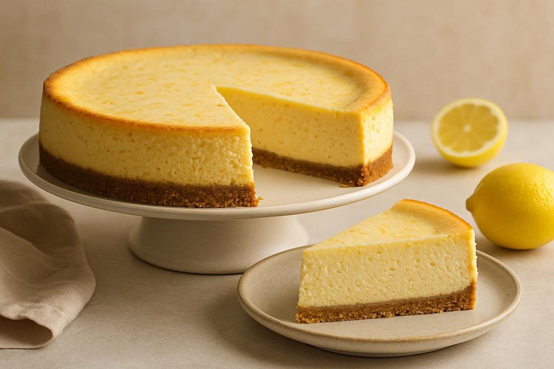 A whole, untopped lemon cheesecake on a cake stand with one slice cut and set on a plate
