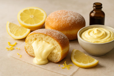 Filled doughnut cut open to show lemon cream cheese filling