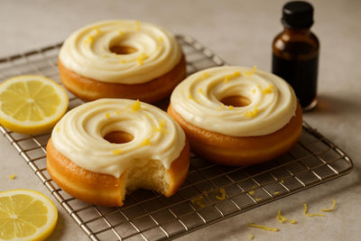 Doughnuts finished with lemon cream cheese frosting on a cooling rack