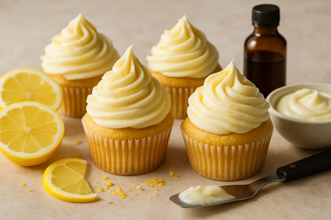 Cupcakes piped with lemon cream cheese frosting
