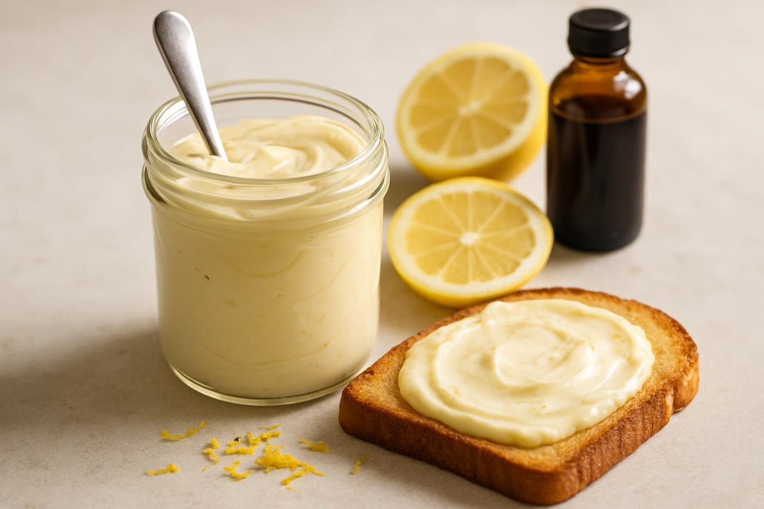 Jar of lemon cream cheese spread with toast