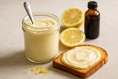 Jar of lemon cream cheese spread with toast