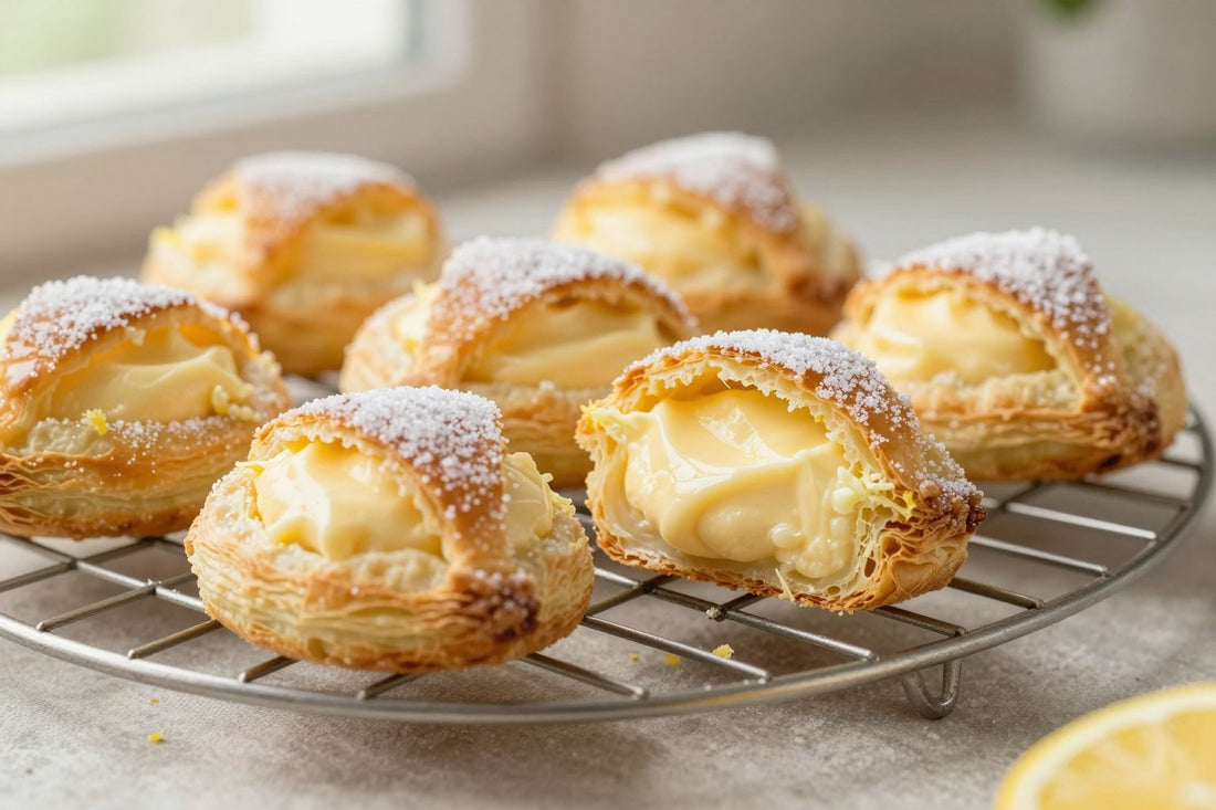 Golden lemon cream cheese turnovers on a wire rack, one cut open to show the filling