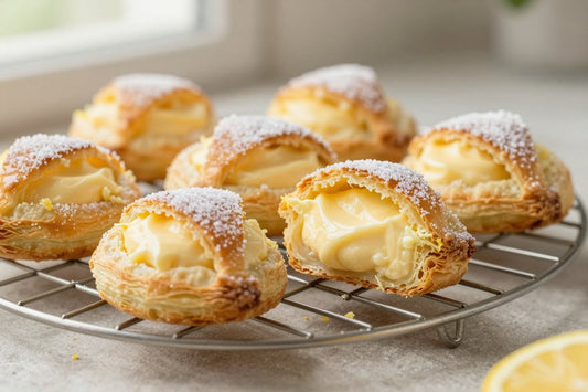 Golden lemon cream cheese turnovers on a wire rack, one cut open to show the filling