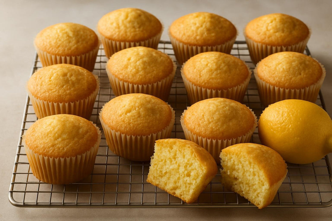 A dozen unfrosted lemon cupcakes in paper liners on a cooling rack, golden domes, one split to show the crumb