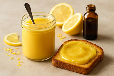 Jar of lemon curd spread with toast