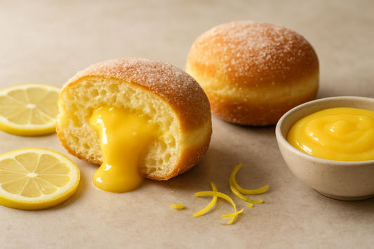 Filled doughnut cut open to show lemon curd