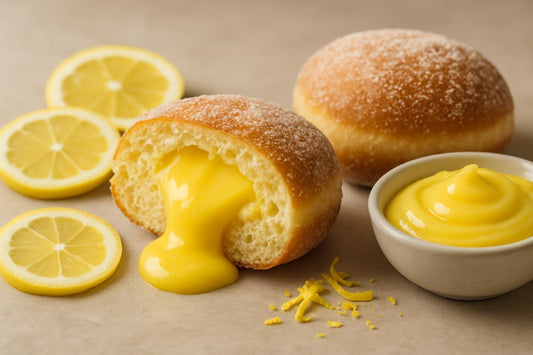 Filled doughnut cut open to show lemon custard