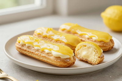A row of lemon éclairs on a plate, glossy topping, one cut to show the creamy filling