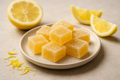 Squares of lemon fruit jellies rolled in sugar