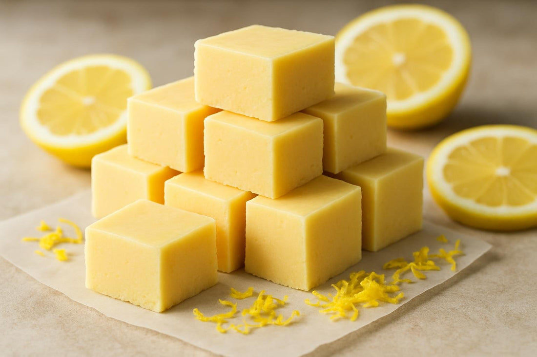 Squares of lemon fudge on parchment