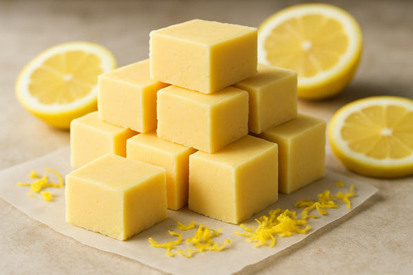 Squares of lemon fudge on parchment