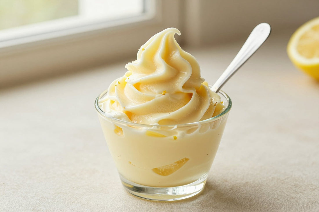 A generous swirl of lemon gelato in a small glass cup with a flat gelato spade